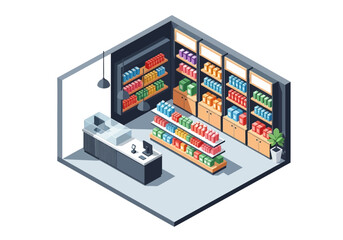 Isometric view of a modern bookstore with colorful bookshelves and a checkout desk © Nining