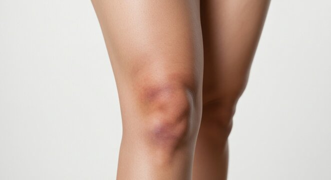 A close-up view of a person's knee with a noticeable bruise on the skin.