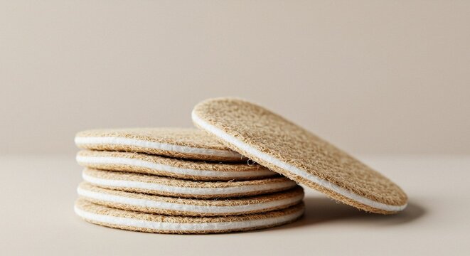 A stack of round, beige, textured makeup remover pads on a clean surface
