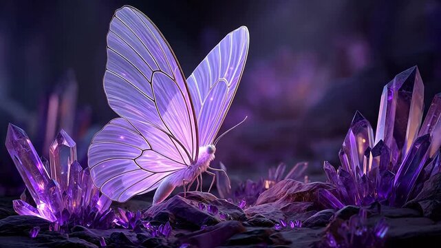 Glowing butterfly on purple crystals