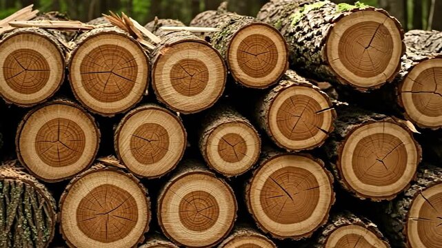 Stacked tree logs showcasing natural wood textures and grain patterns.