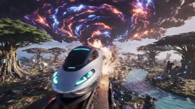 Futuristic train travels through dramatic lightning storm over fantasy landscape