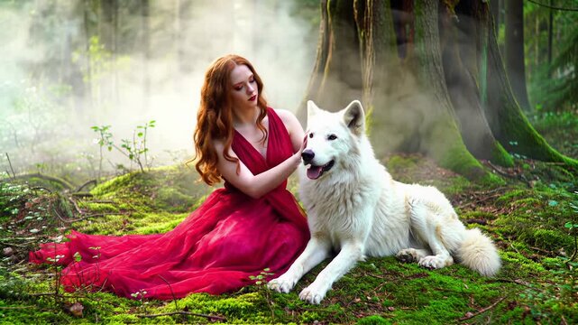 Young caucasian woman with reddish-brown hair in crimson gown strokes a white wolf-dog on mossy forest floor, god rays, soft bokeh. Enchanted forest companionship concept