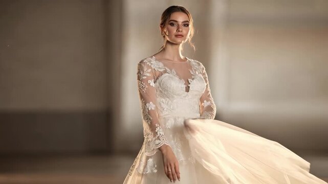 Medium shot of a bride in a layered lace overlay gown showcasing intricate handsewn floral patterns and delicate scalloped edges under soft lighting.