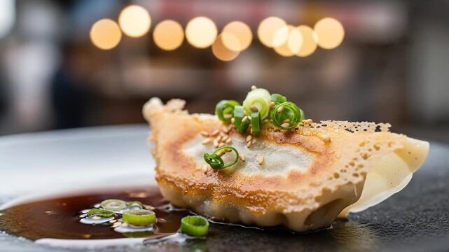 Close-up of savory Asian-style dumpling with dipping sauce garnished with chopped green onions