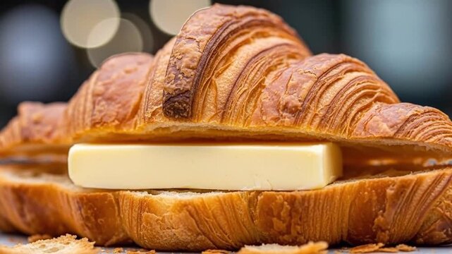Close-up of Fresh Croissants with Butter on a Pastry Display showcasing flaky layers and golden crusts in a bakery setting