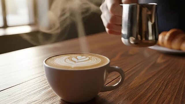 Morning Coffee Ritual with Steaming Cups and Croissants in Cozy Caf? Setting