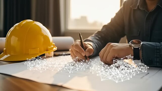 Construction worker planning building project.