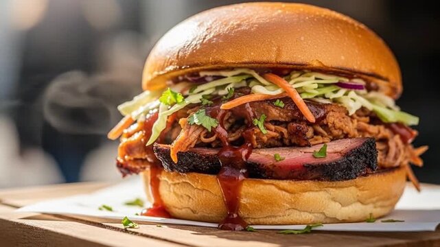 Close-up view of a gourmet pulled pork sandwich with fresh vegetables and barbecue sauce on a wooden surface