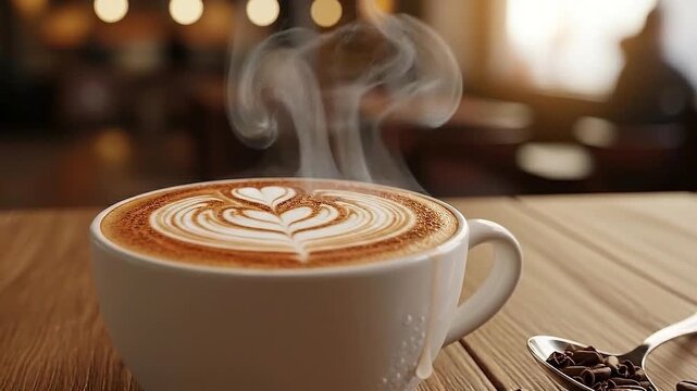 Close-up of a steaming cappuccino with intricate latte art on a wooden table in a cozy cafe setting
