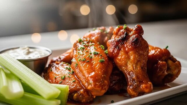 Delicious honey glazed chicken wings served with fresh celery sticks and dipping sauce
