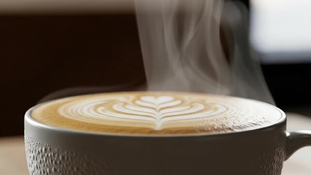 Close-up of steaming hot cappuccino in patterned ceramic mug with latte art intricate leaf design