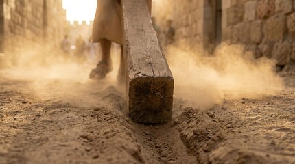 Fototapeta premium Jesus carries the cross through dusty streets, a symbol of sacrifice and suffering. The Passion of Christ. Jesus Christ.