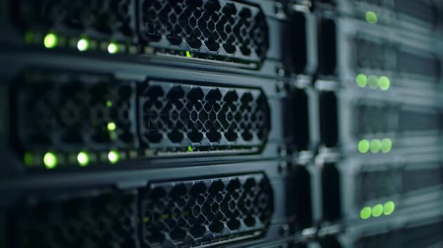 Extreme close-up video of matte black network servers with bays opening and closing in an ultra-modern data center, vivid green LEDs pulsing, casting dramatic shadows. Powerful cloud computing concept