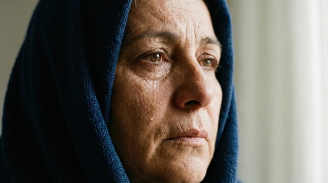 Close-up of an elderly woman's face with tears streaming down her cheeks. Mary, mother of Jesus Christ, weeping.