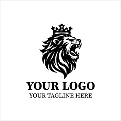Obraz premium Crowned Lion Head Logo Vector – Royal King Lion Mascot Emblem in Luxury Black and White Style