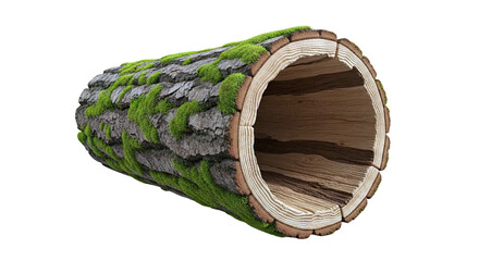 Hollow Tree Trunk with Moss and Cutaway View of Wood Grain