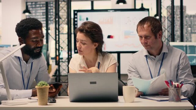 Diverse corporate team, action plan, business briefing objectives. Data analysis, KPI dashboard and reports, modern office environment, risk assessment, organizational agenda.