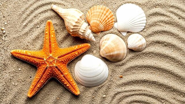 Colorful seashells and a starfish on a sandy beach surface.