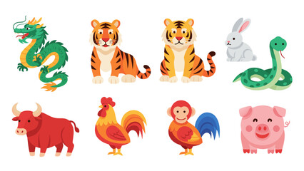 Obraz premium Collection of cute cartoon Chinese zodiac animals on a white background