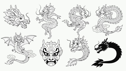 Obraz premium Collection of diverse traditional Asian dragon illustrations and a mask