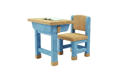 Blue and Tan Woven Desk and Chair Set with Open Book
