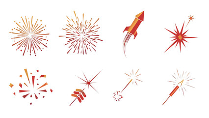 Collection of festive fireworks and sparklers in a gradient red and orange color palette