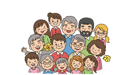 Diverse cartoon family portrait showing multiple generations smiling together happily