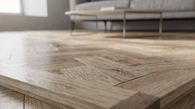 Medium shot of multilayer engineered wood flooring pressed with herringbone pattern showcasing intricate craftsmanship and elegant geometric design in a modern interior setting.