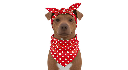 Dog wearing a red and white polka dot bandana and headscarf