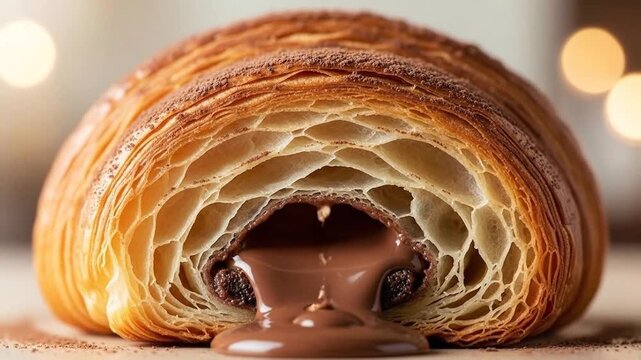 Close-up sequence of croissant with melting chocolate filling in slow motion showcasing the process of chocolate being poured