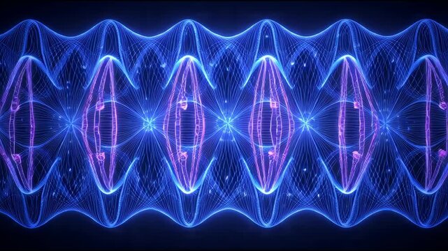 Five-frame abstract sequence of glowing blue-purple lines weaving a wavy network across a dark midnight backdrop, conveying futuristic energy, fluid motion and hypnotic depth in a digital re seamles