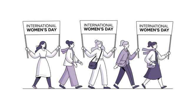 Women marching with International Womens Day signs.