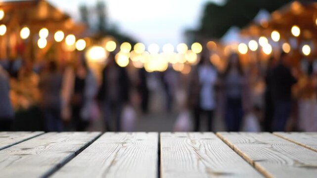 Wooden Tabletop with Blurred Festive Market Lights &ndash; Product Display Background in 4K