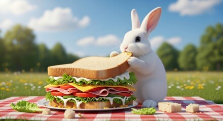 Cute White Bunny Eating a Big Sandwich Outdoors