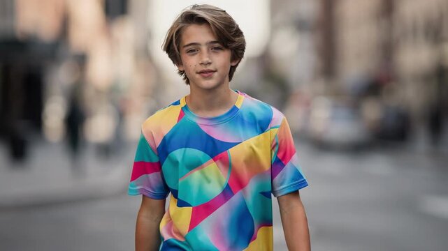 Medium shot of boy sporting sublimation print tee with seamless allover colorful patterns showcasing smooth fabric texture and modern streetwear style.