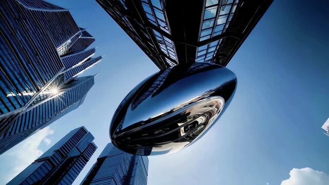 Mirror oval reflects futuristic skyscrapers city, modern architecture of futuristic skyscrapers city against blue sky, low angle view captures futuristic skyscrapers city, concept of urban future