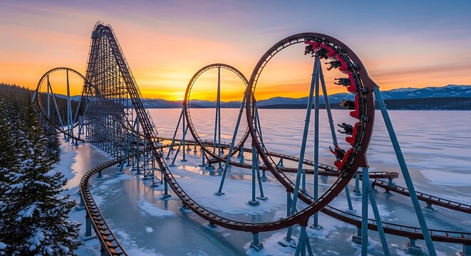 Roller Coaster at Sunset over Water.