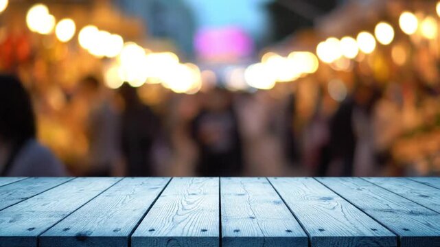 Wooden Tabletop with Blurred Market Lights &ndash; Product Display Background in 4K