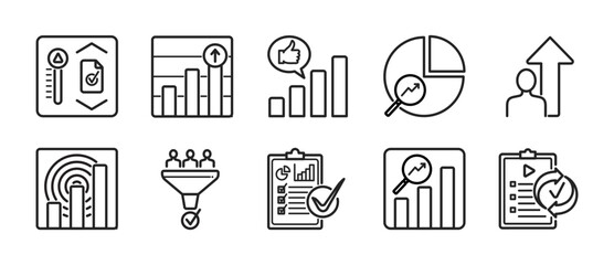 Fototapeta premium Content Optimization and Analytics Minimalis Outline Vector Icon Set – Performance, Engagement, Insights, Growth and Reporting Metrics