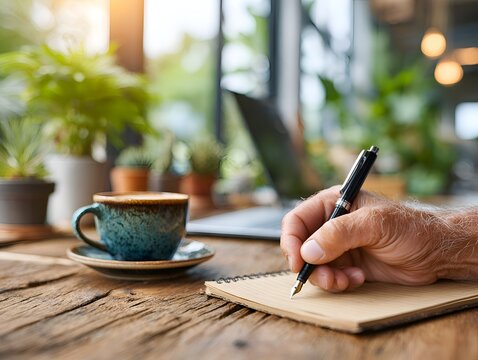 A mature man is writing in a notebook while sitting at a wooden table with a cup of coffee and a laptop in a bright cozy cafe setting.