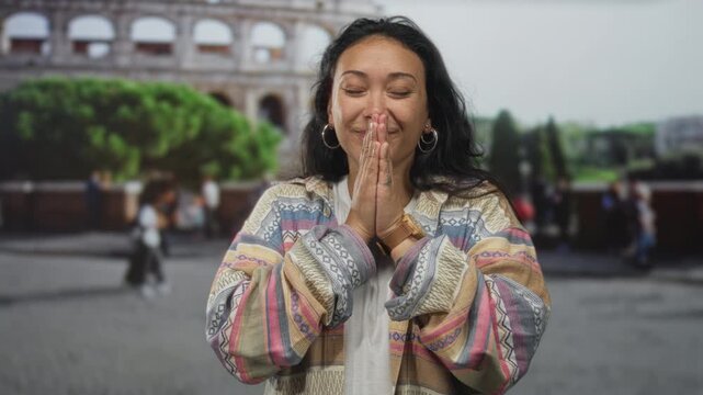 Woman with fingers crossed and looking up at roman coliseum building, smiling, wearing colorful patterned jacket and hoop earrings; hope travel wish.