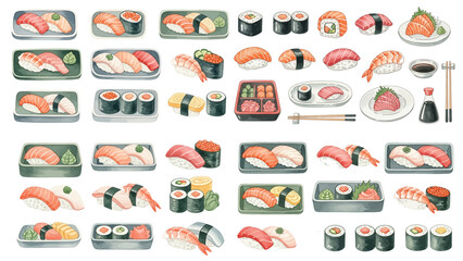 A charming watercolor collection of Japanese sushi dishes, including nigiri, maki rolls, sashimi, soy sauce, and traditional tableware. © liana