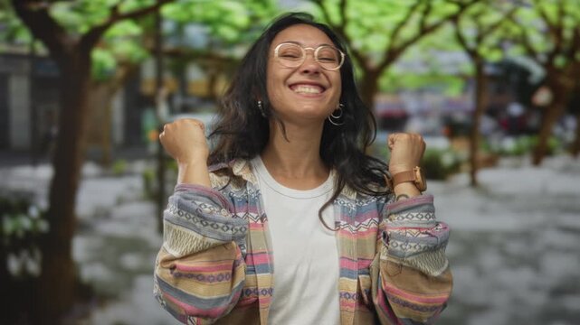 Woman with glasses raises fists in forest, smiling in patterned jacket and white tee; joy celebration.
