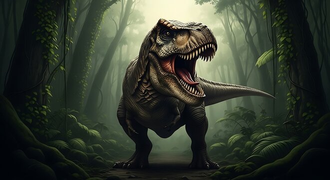 Tyrannosaurus Rex in Dark Forest Scene.