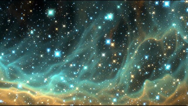 Five frames display a vibrant nebula in outer space, illuminated by shifting blues, oranges and whites, with sparkling stars, conveying cosmic evolution and mesmerizing deep celestial textur seamles