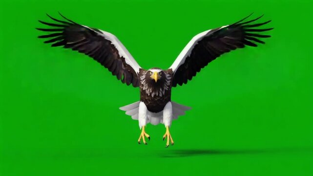 Stunning Steller's Sea Eagle Flying Towards Camera on Green Screen - Dynamic 3D Animation of a Powerful Raptor with Outstretched Wings, Ideal for VFX and Compositing