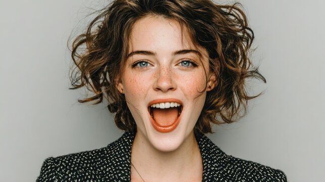 Young Woman with Curly Hair and Freckles Expresses Surprise and Excitement Wide Open Mouth