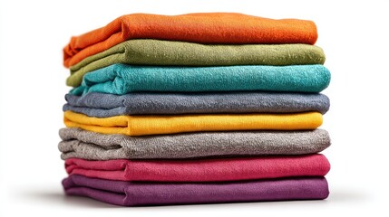 Neatly stacked colorful bath towels in a studio setting with a white background