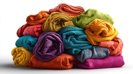 A vibrant and colorful stack of neatly folded textiles and fabrics on a white background